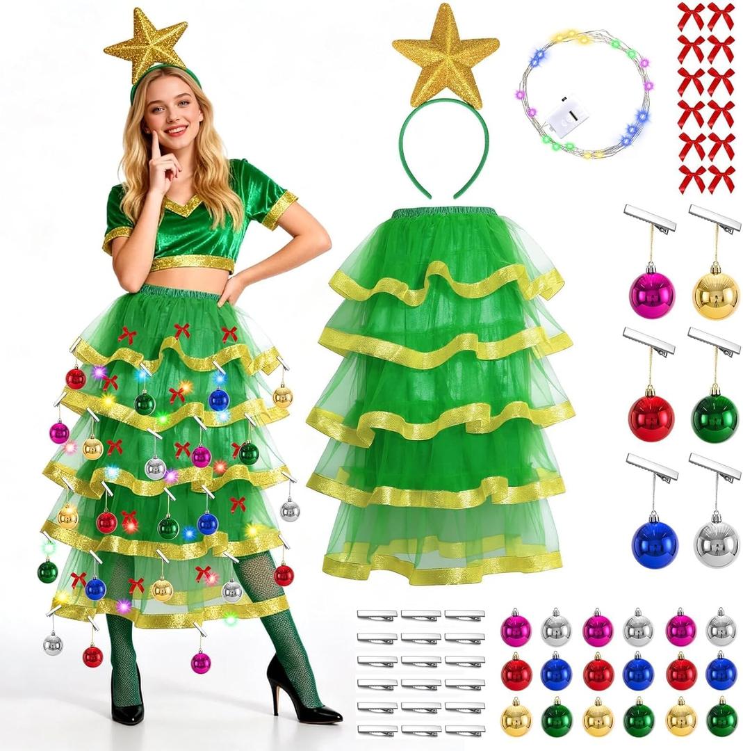 Christmas Tree Costume Set Women Xmas Tree Outfit Accessories Santa Green Tutu Skirt Xmas Outfit Cosplay