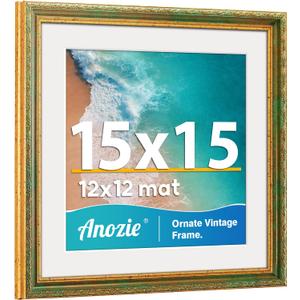 Vintage 15x15 Frame, Antique Gold Photo Frames with Plexiglass Front, Ornate Square 15x15 Picture Frame Display 12x12 with Mat or 15 x 15 Frame Without, Wall Décor,1 Pack, Green