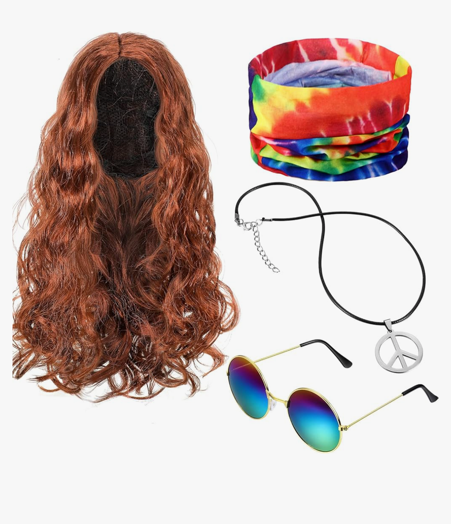 WILLBOND 4 Pieces Hippie Costume Set, Wig Peace Sign Necklace Sunglasses and Tie Dye Headband Pride 60s 70s Accessories (Brown,Wavy Hair)