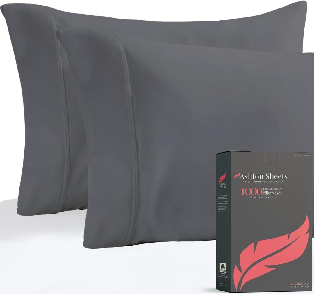 Ashton Sheets Luxury Egyptian Cotton King Pillow Cases Set of 2-1000 Thread Count King Pillowcases, Soft, Sateen Weave Cooling Pillowcase, Extra Long Staple Hotel Quality Pillow Cover - Dark Grey