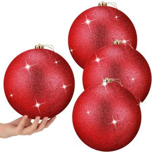 4 Pcs Extra Large Christmas Ball Ornaments Glitter 8'' (200 Mm) Giant Oversized Plastic Xmas Ball Big Hanging Christmas Tree Ornaments for Holiday Party Outdoor Decor(Sequin Red)