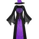 GRAJTCIN Wicked Witch Costume for Women Gothic Sorceress Halloween Party Cosplay Dress with Hat (L, Black Purple)