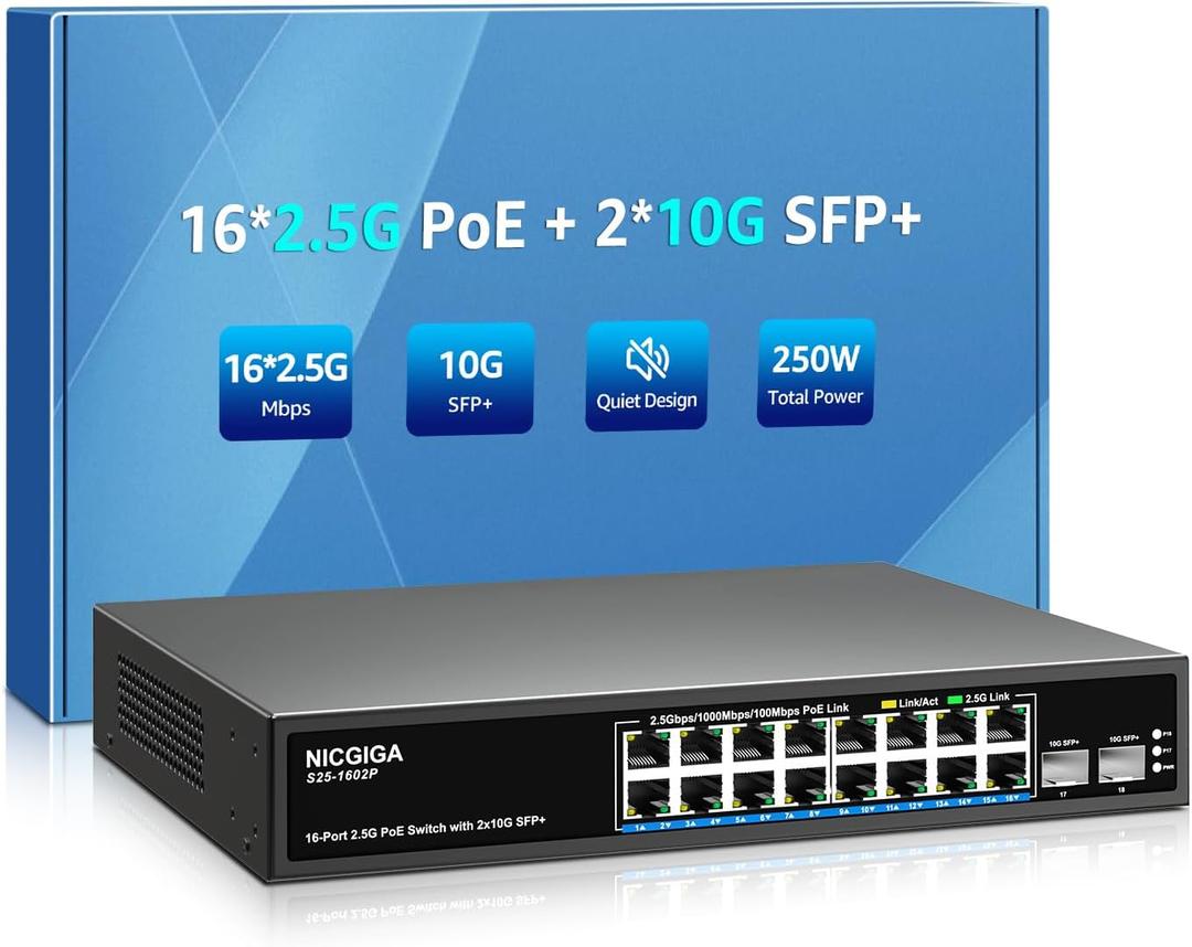 16 Port 2.5G PoE Switch Unmanaged with 16 Port 2.5Gb Base-T PoE+@250W + 2 x 10G SFP+ Uplink, NICGIGA 18 Port 2.5Gbe IEEE802.3af/at Power Over Ethernet Switch, Support WiFi6 AP, NAS, 4K PoE Camera NVR.
