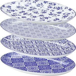 LemonRoad Ceramic Dessert Plates Set of 4, 12 Inch Porcelain Serving Platters, Blue and White China Oval Serving Dishes for Kitchen Fruit Sandwich Appetizer, Microwave And Dishwasher Safe