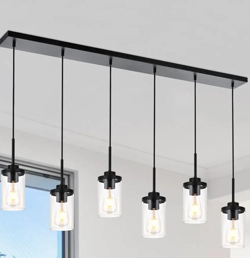 Island Light for Kitchen, 6-Light Dining Room Light Fixture with Clear Glass Shade, Black Linear Chandelier Pendant Lighting Over Table for Dining Table Kitchen Island Living Room