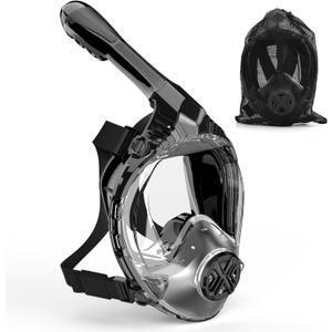 Full Face Snorkel Mask for Adults, Snorkeling Gear for Kids, Anti-Fog & Anti-Leak Design with 180 Panoramic View, Dry Top Breathing System, Ideal for Scuba Diving, Snorkeling (Large-X-Large, Black)
