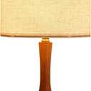 Bedside Table Lamp for Bedroom, Nordic Plug in Fabric Shade & Solid Wood Base Desk Lamp, Plug & Play Red Wood Color Nightstand Lamp for Living Room, Office, Switch Power Cord Bulb Not Included