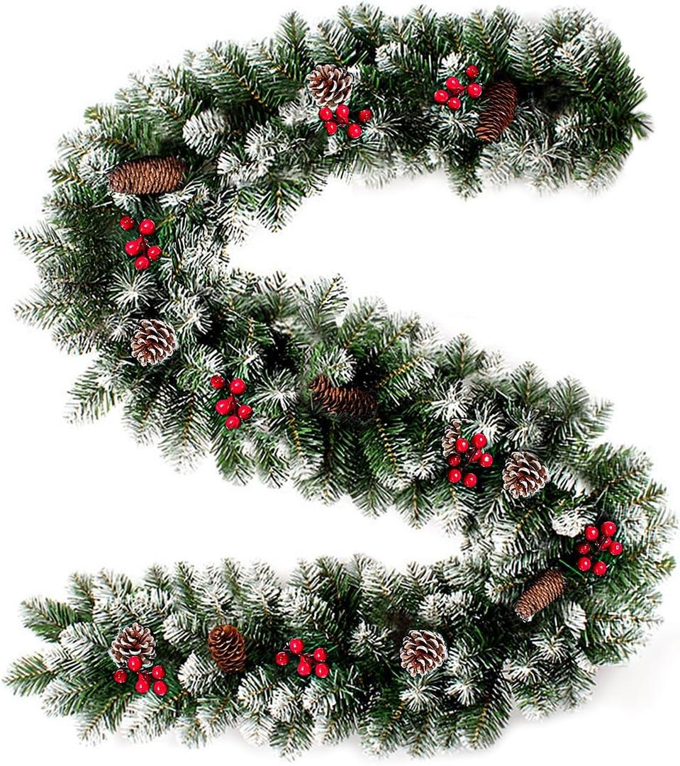 9FT Flocked Christmas Garland, Artificial Snowy Xmas Garland, Indoor Outdoor Winter Garland with Pine Cones and Red Berries for Christmas Decorations Table Mantle Room