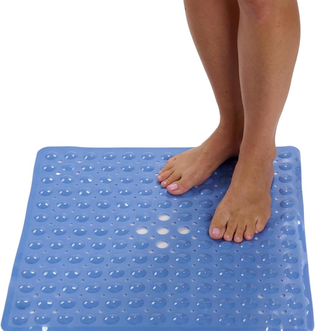 Square Shower Mat – 21 x 21 Inch Non-Slip Bathroom Shower Stall Mat with Suction Cups and Drain Holes – Anti-Slip Bathtub Shower Mats for Inside Shower (21x21 Aqua Blue)