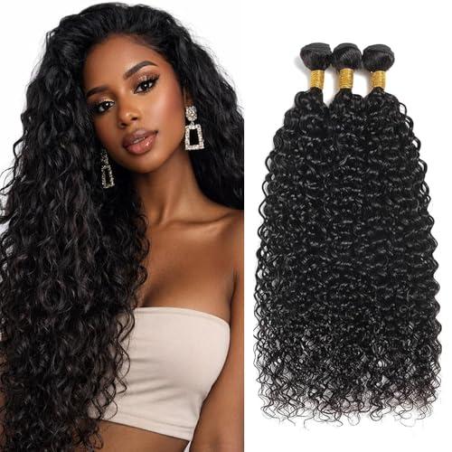 Seeuiegam Water Wave Human Hair Bundles 22 24 26 Inch Unprocessed Brazilian Virgin Wet and Wavy 3 Bundles Human Hair Natural Black Color
