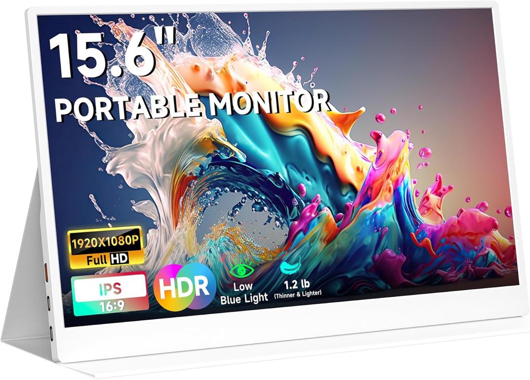 AYY Portable Monitor 15.6inch 1080P FHD - USB-C/HDMI Computer Display, HDR IPS Gaming Monitor Compatible with Laptop PC MAC Phone PS4 Xbox Switch, w/Smart Cover, Dual Speakers - White