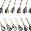 Raelitego 12pcs Asian Soup Spoon, Ceramic Chinese Soup Spoons, Deep Oval Hook Non-slip Japanese Spoons for Rice Ramen Pho Miso Soup Wonton Noodle, Luck and Prosperity Gifts for Friends Parents Family