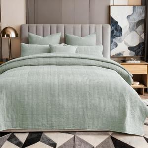 3 Pieces Cotton Quilt Set Queen Size Bedding Sets 90x92 with Pillow Shams Ultra Soft Lightweight Bedspread Waffle Weave Quilted Bed Coverlets for All Season, Green