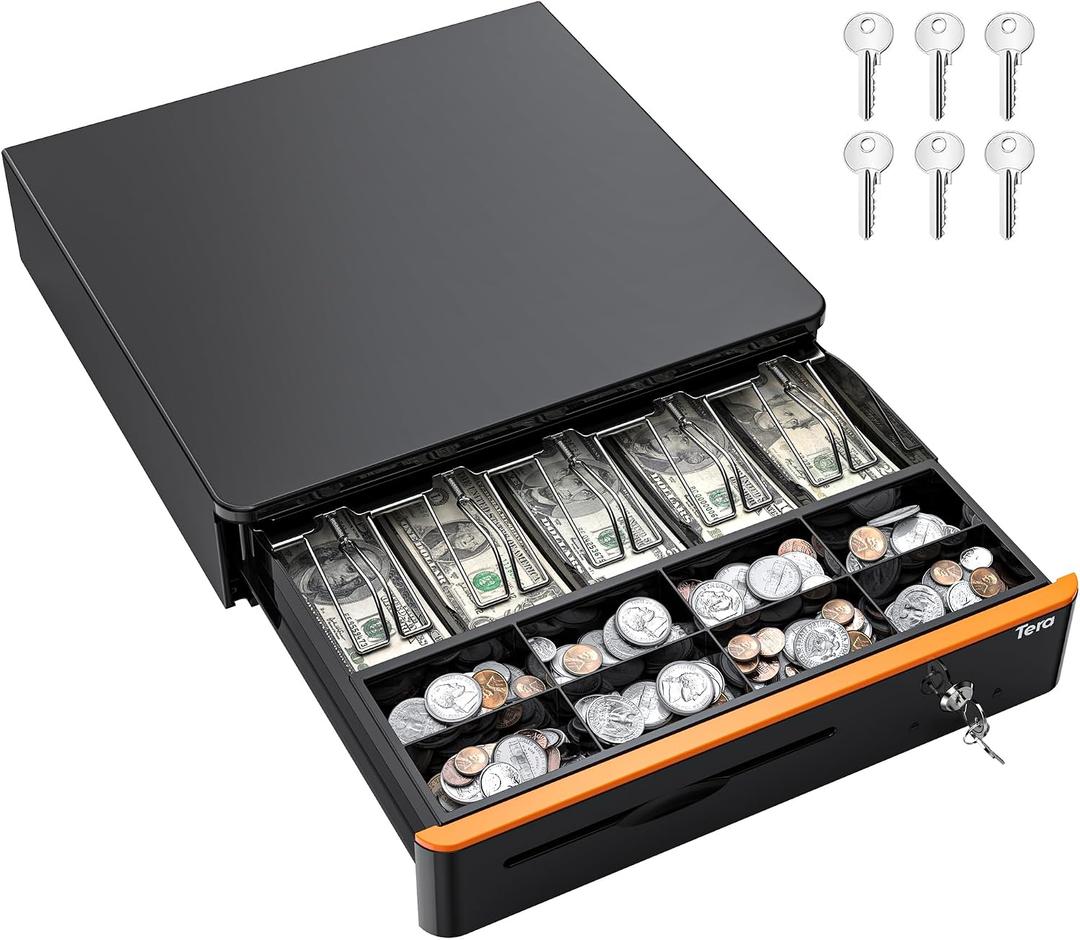 Tera 16 inch Auto Open Cash Drawer with Heavy Duty Insert Tray 5 Bill 8 Coin for POS System Removable Cash Tray Media Slot 24V RJ12 Key-Lock (Round Corner) for Small Business Retail 405R