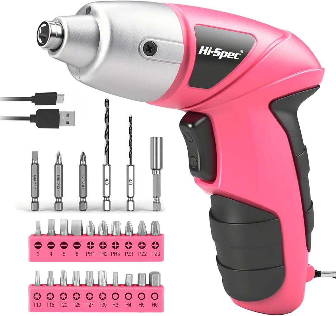 Hi-Spec Electric Screwdriver 27pc 3.6V Pink USB Small Power Screwdriver Set. Cordless & Rechargeable with Driver Bit Set