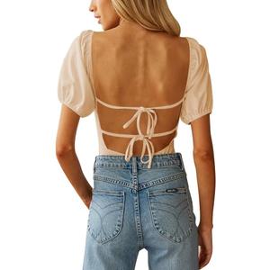 oten Women's Sexy Backless Puff Sleeve Square Neck Tie Back Bodysuit Tops (Medium, Beige)