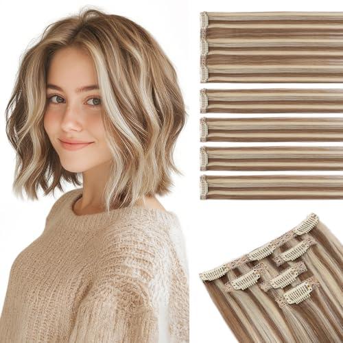 Short Clip in Hair Extensions Real Remy Human Hair,S-noilite Short Hair Extensions Clip ins,Mini Clip in Extensions for Add Volume and Highlights,5 Pieces 38g 12 inch Sunlit Toffee Swirl Blonde, 2pack