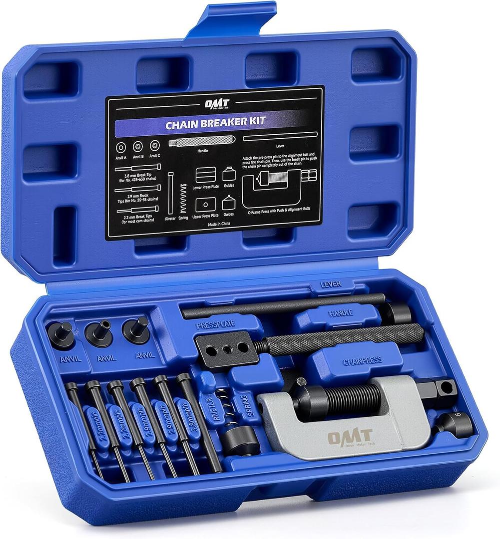 Orion Motor Tech Motorcycle Chain Rivet Tool, 20pc Motorcycle Chain Tool Kit with Powder Coated C Frame 5 Pins Pre-Press Cap, Pro Bike ATV Motorcycle Chain Breaker Removal Tool for 25 to 630 Chains