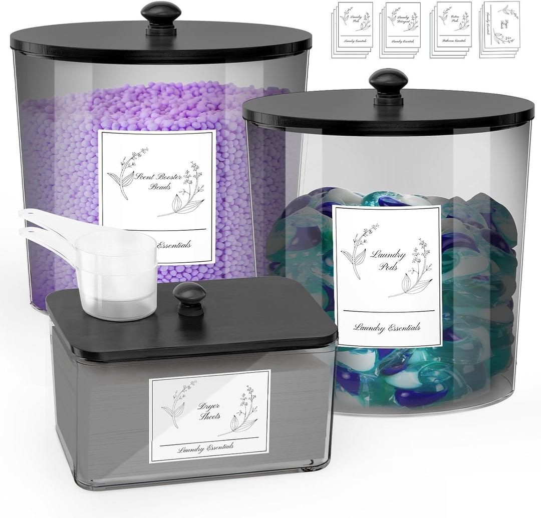 3 Pack Laundry Powder Container & Dryer Sheet Holder, Plastic Laundry Room Organization and Storage Jars with Lids, Labels & Scoops for Powder, Detergent, Scent Booster (Black)