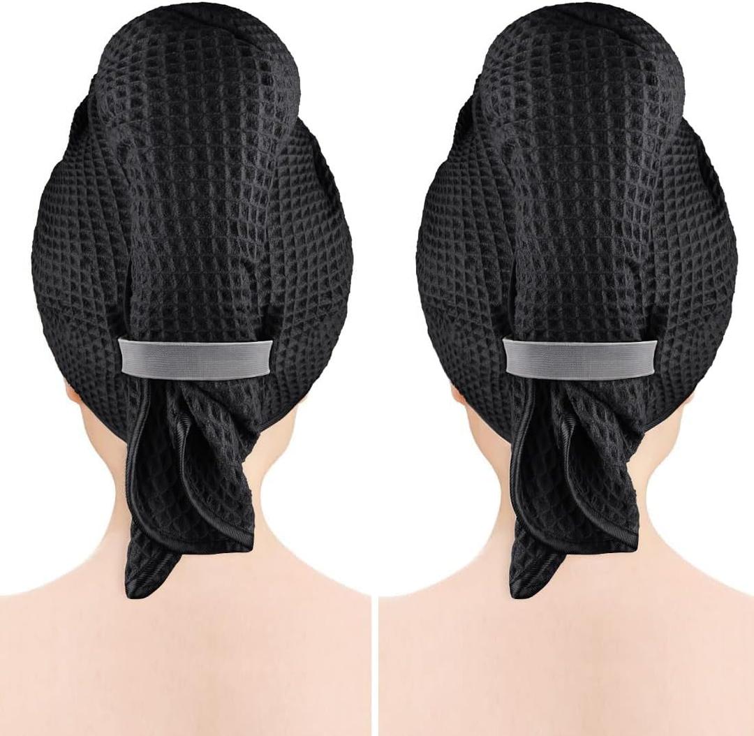 GLIMGLINT 2 Pack Black Microfiber Hair Towel Wrap for Long, Thick, Curly Hair, Super Soft, Fast Drying Waffle Hair Towel Wrap with Elastic Strap 40"X26.5"