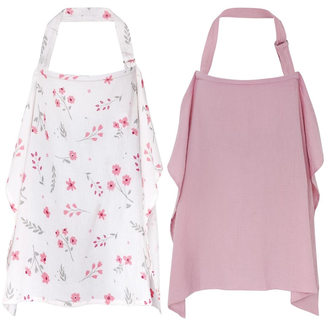 YKYUASD 2 Pack Muslin Nursing Cover for Breastfeeding, 100% Cotton Soft Privacy Nursing Covers Apron Breastfeeding Cover with Arch Neckline for Women New Mom, Multi-use Breastfeeding Essentials