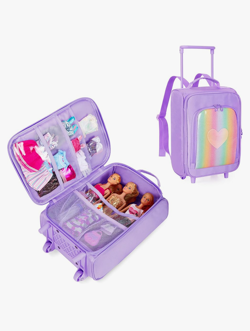 Travel Rolling Suitcase Compatible with Barbie Dolls 12-Inch Holds up to 6 Dolls, Storage Luggage Backpack with Wheels and Handle, Multiple Pockets for Doll’s Clothes, Accessories, Purple, Bag Only