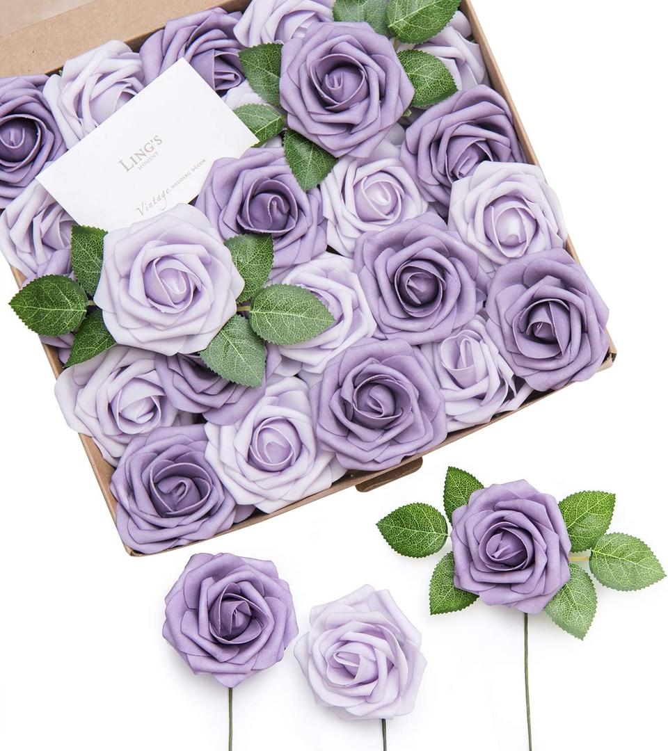 Ling's moment Artificial Flowers 50Pcs Dusty Violet Roses Decor w/Stems,3" Real Touch DIY Foam Floral for Wedding Bouquet/Centerpieces, Outdoors Party Backdrop, Room/Table, and Garden/Pot Decorations (Pr- Dusty Violet & Pale Lavender)