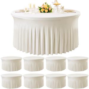 8 Pack Ivory Spandex Round Tablecloths for 60 inch Table, Wrinkle Free Stretchy 120inch Fitted 5FT Round Table Cloths Cover with Skirt for Wedding Party Dining Banquet