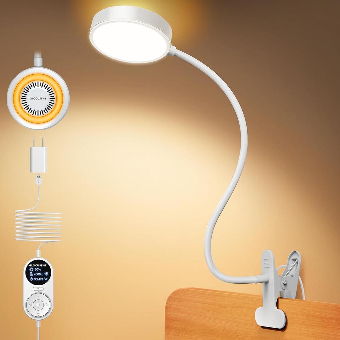 Glocusent Clip on Light, 72 LEDs Clip on Lamp with Amber Night Light, 3 Colors & 5 Brightness Bed Lamp, 30/60-Min Auto Off Timer, Perfect Eye Caring Reading Lamps for Bed/Headboard/Table/Desk (White)