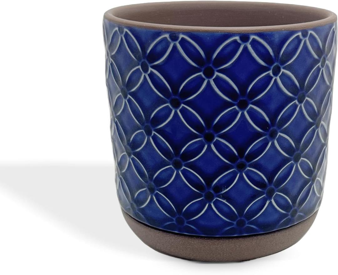 6" Embossed Daisy Flower Design Cobalt Blue & Brown Ceramic Planter Pot with Attached Saucer