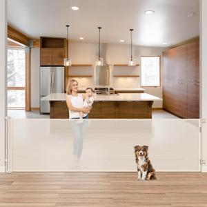 85 Inch Retractable Baby Gates Extra Wide Retractable Dog Gate Outdoor Retractable Gate Indoor Mesh Gate, Wide Baby Gate Retractable Gates for Dogs, Doorways, Beige