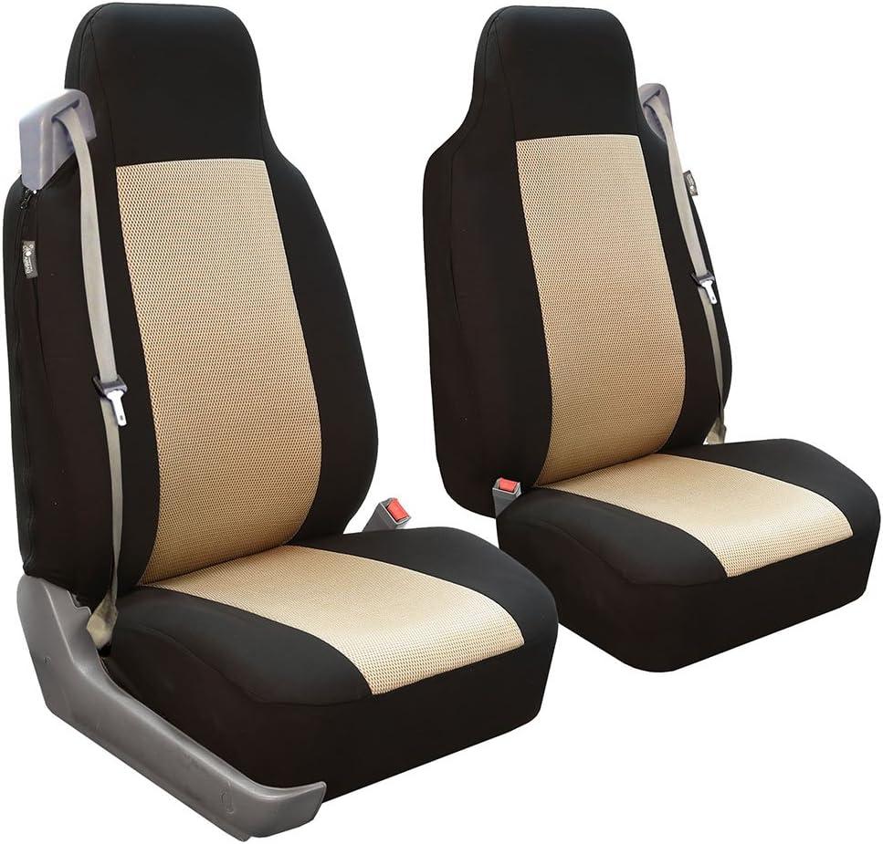 FH Group Universal Car Seat Covers Front Set High Back for SUV Truck Sedan Vans Zipper Designed Built-in Seatbelt - Washable Cloth Seat Cover Set High Back Front Protector Interior Upgrade - Beige