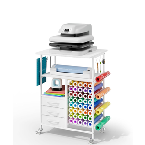 Homsorout Movable Heat Press Table - 6-Tier Heat Press Stand with Drawers and Vinyl Roll Holder, Craft Cabinet Table Compatible for Cricut Craft Cutting Machine Stand Workstation (White)