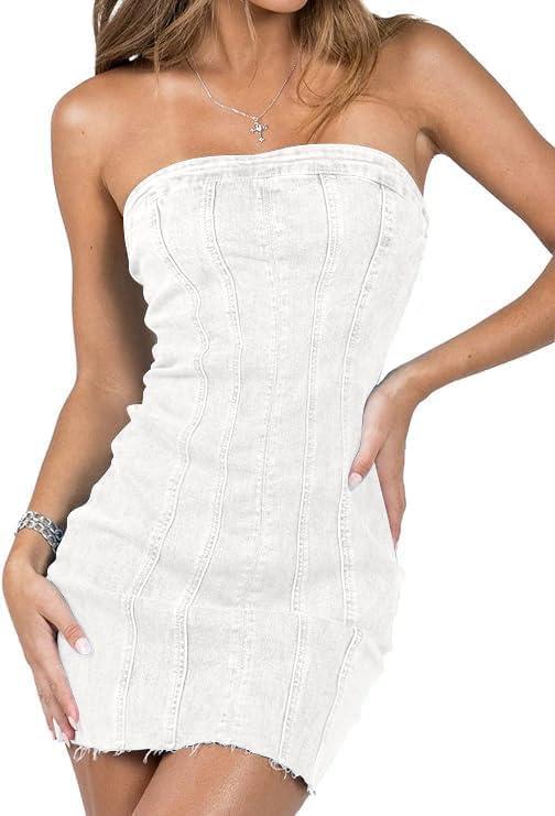 Fronage Women's Sexy Jeans Denim Strapless Dresses Bodycon Corset Tube Mini Dress, White, Medium