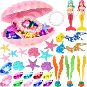 Pool Toys, 31Pcs Mermaid Toys Diving Toys with Shell Treasure Chests and Storage Bag, Swimming Pool Games Summer Water Toy Gift Set for Kids Toddlers Girls Boys