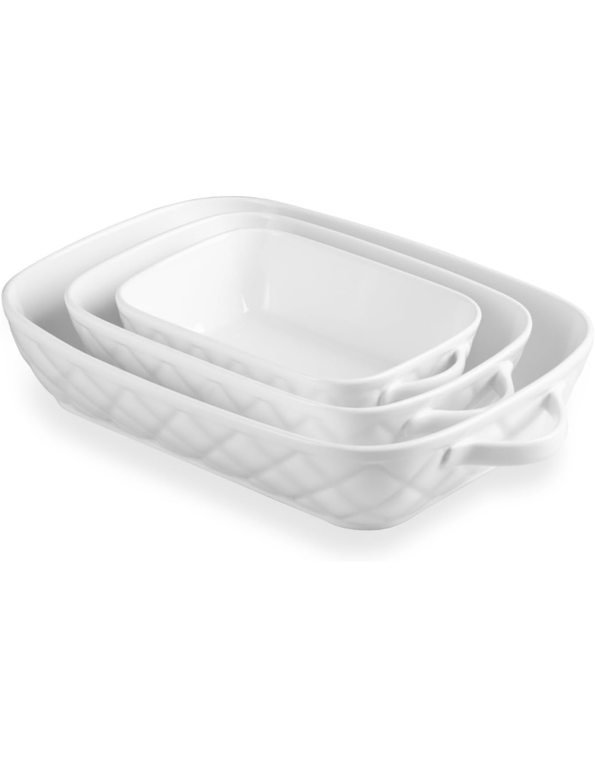 Sweejar Casserole Dishes for Oven, Baking Dish Set of 3,Ceramic Bakeware Set, Rectangular Baking Pan for Cooking,Kitchen,Banquet,12.2x9.2x2.5 Inches (White)