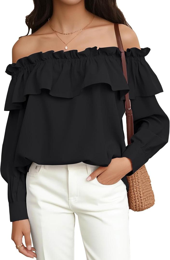 Prettywear Women's Sexy Off Shoulder Tops Long Sleeve Ruffle Blouse Flowy Going Out Shirt Oversized