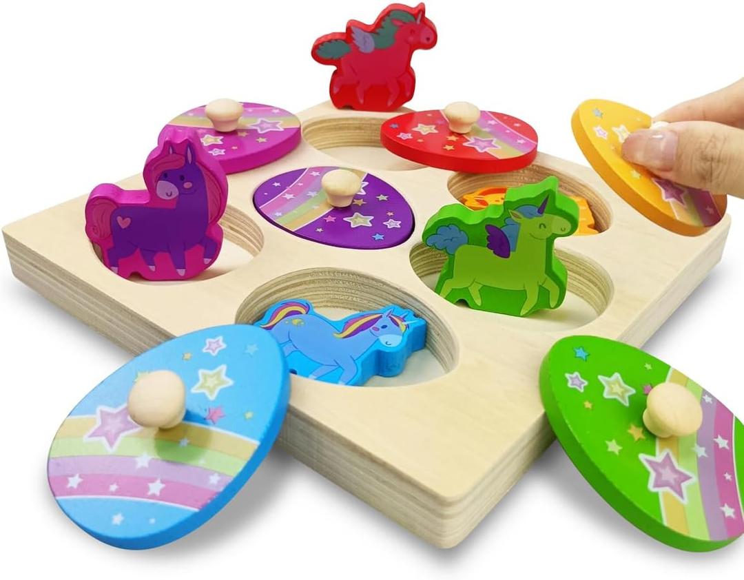 Pinkiwine Unicorn Wooden Peg Puzzles Montessori Educational Toys for Kids Toddlers Easter Basket Stuffers Gifts Unicorn Party Favors