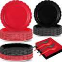Gisgfim 200Pcs Red and Black Plates and Napkins Set Party Supplies Black Red Birthday Scalloped Carnival Disposable Tableware Dinnerware for Wedding Fiesta Halloween Birthday Table Decor 50 Guests
