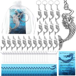 Quelay 20 Set The Magical Mermaid Keychain Gifts for Women Mermaid Keychain Party Favors Gift Bulk with Inspirational Positive Card Organza Bags for Women Themed Party Supplies