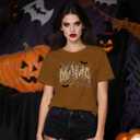 Halloween Shirts for Women Spooky Mama T-Shirt Funny Leopard Cobwebs Crewneck Tee (Brown, XL)