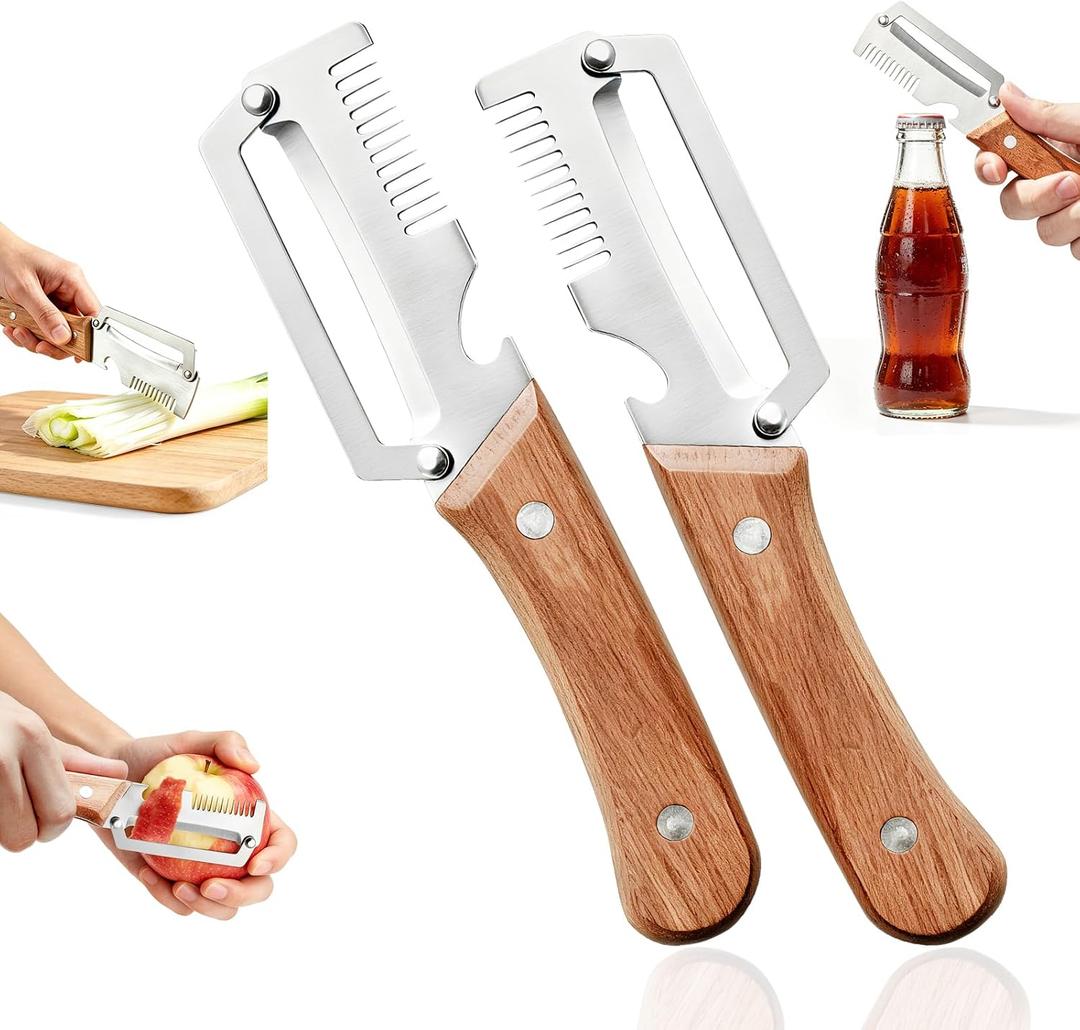 3 x Left & Right Hand Vegetable Peeler Set with Scallion Slicer & Bottle Opener, Heavy-Duty Thick Stainless Steel Blade, Multi-Function Kitchen Peeler with Wooden Handle for Fruits & Vegetables(New 2pcs)