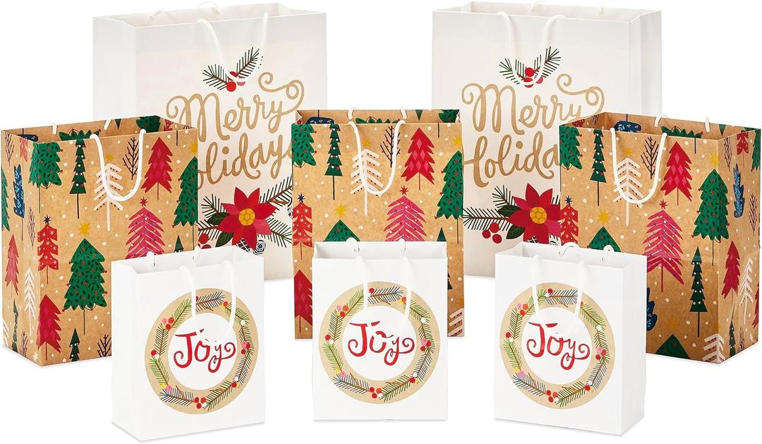 Hallmark Holiday Gift Bags (8 Bags: 3 Small 6", 3 Medium 9", 2 Large 13") Recyclable Kraft with Pink Trees, Merry Holidays Winter Flowers, Joy Wreath for Christmas, Hanukkah, Weddings