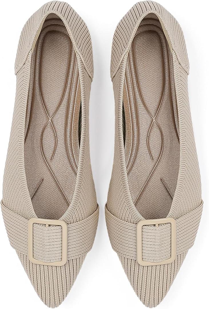 TINGRISE Women's Flats Shoes Pointed Toe Comfortable Dressy Knit Ballet Casual Work Shoes (6.5, Beige)