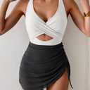 B2prity Women Mesh One Piece Swimdress Swimsuit Tummy Control V Neck Cutout Bathing Suit Wrap Drawstring Sarong Swimwear (L)