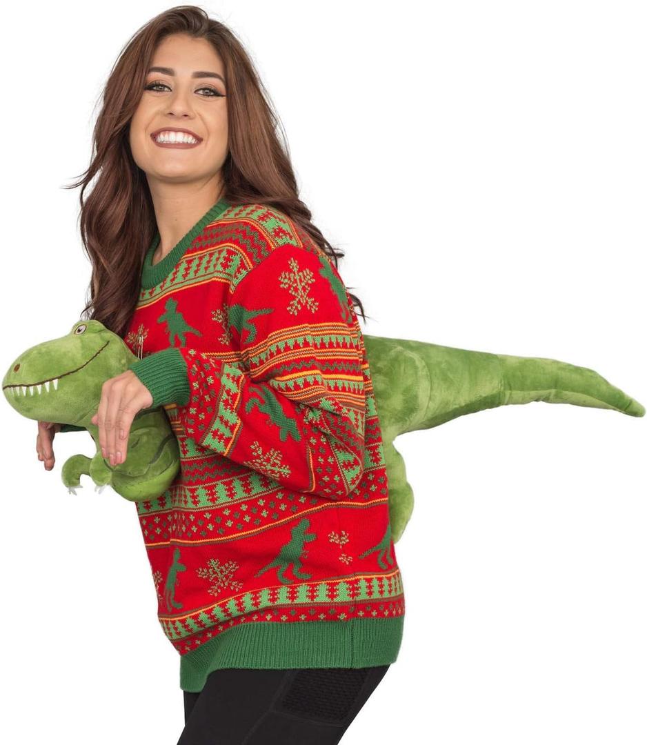 Costume Agent 3D T-Rex Red and Green Adult Ugly Christmas Sweater (X-Large)