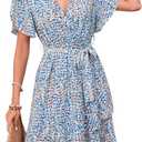 Womens Wrap V Neck Short Sleeve Dress 2025 Summer Floral Boho Dress Ruffle A Line Flowy High Low Midi Dresses (XXL)