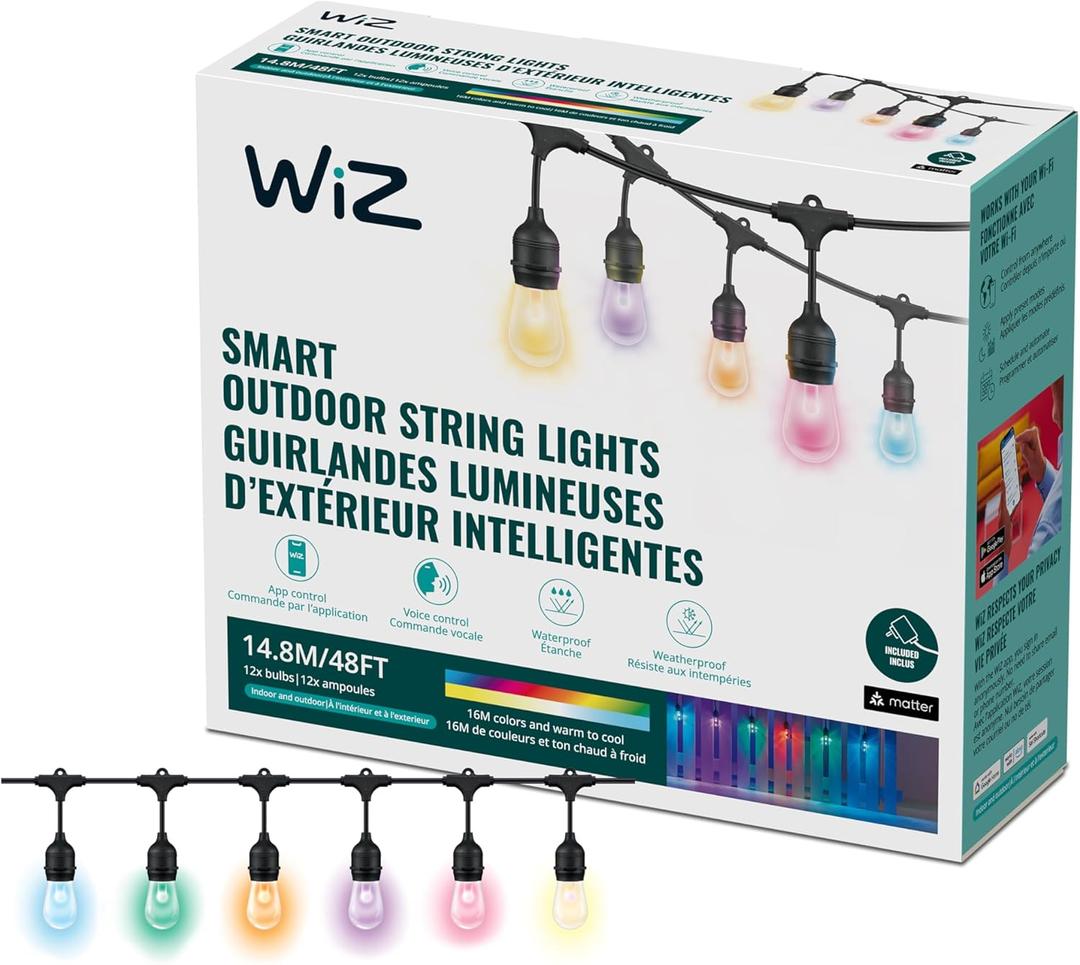 WiZ Connected 48FT Color Changing Outdoor String Lights - Water and Weatherproof - Adapter Included - Control with Wiz Connected App - Works with Voice Control