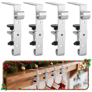 Stocking Hangers for Mantel,4 Pcs 2 in 1 Adjustable Fireplace Christmas Stocking Holder,No-Drill, Easy to Install Garland Hanger for Christmas Decorations,Fits 0.1-3.5Mantles (Silver, 4)