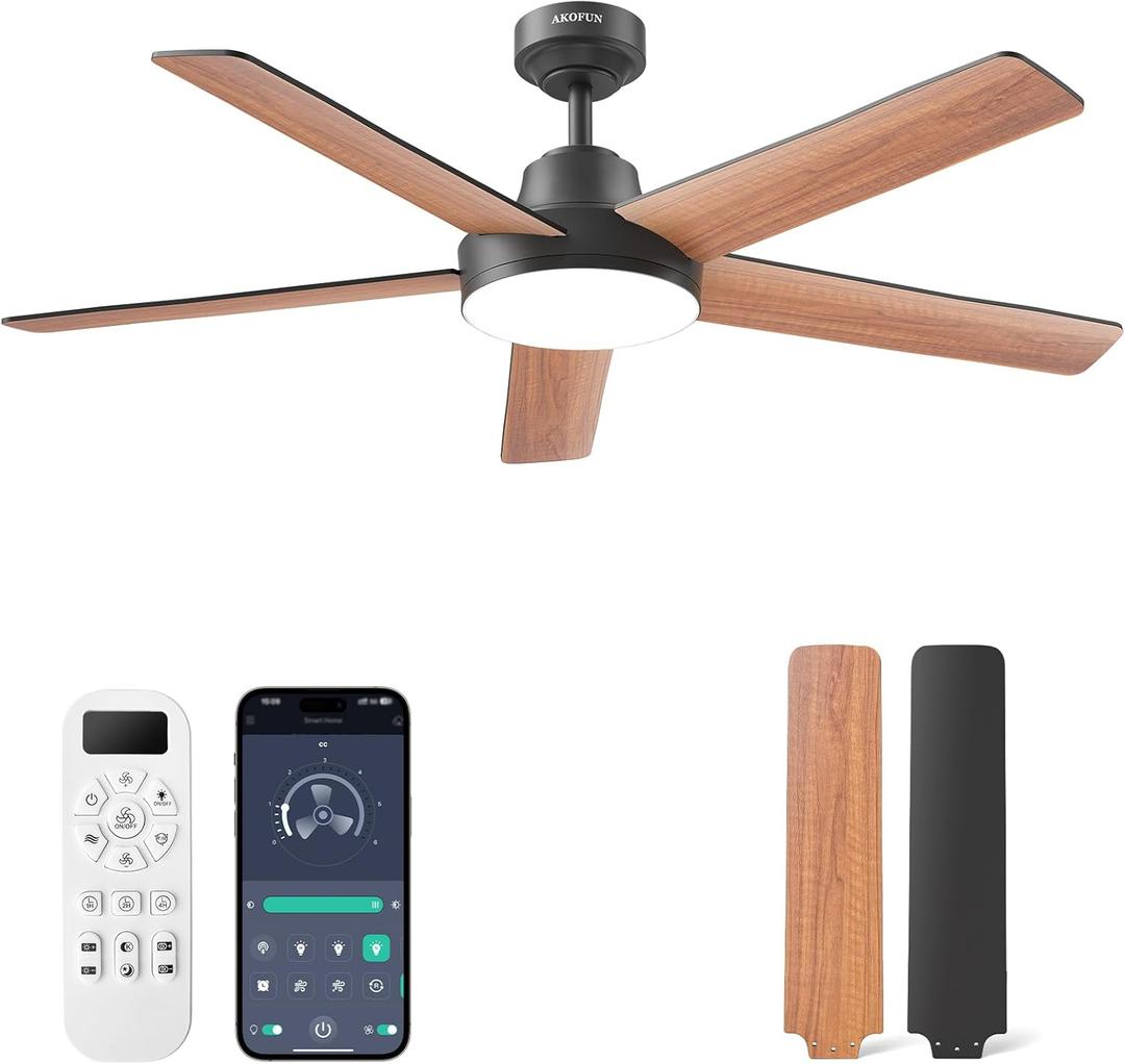Ceiling Fans with Lights, 52 Inch, 6 Speeds, Stepless Color Tones, Dimmable LED, Quiet Reversible DC Motor, Timer, Black Ceiling Fan for Bedroom, Remote/APP/Wall Switch Control, Easy to Install